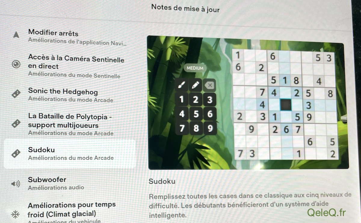 nouvelle interface V11 2021.44.25 mise à jour noel : jeu sudoku tesla