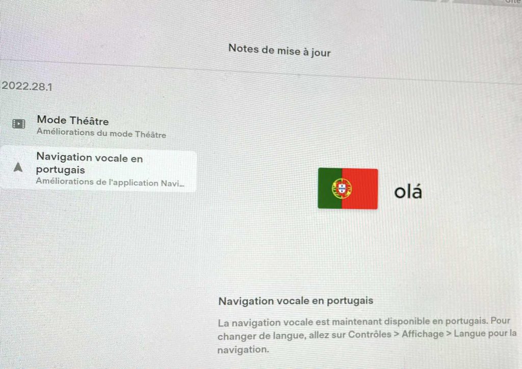 mise a jour tesla 2022.28.1 commande vocale portugais.