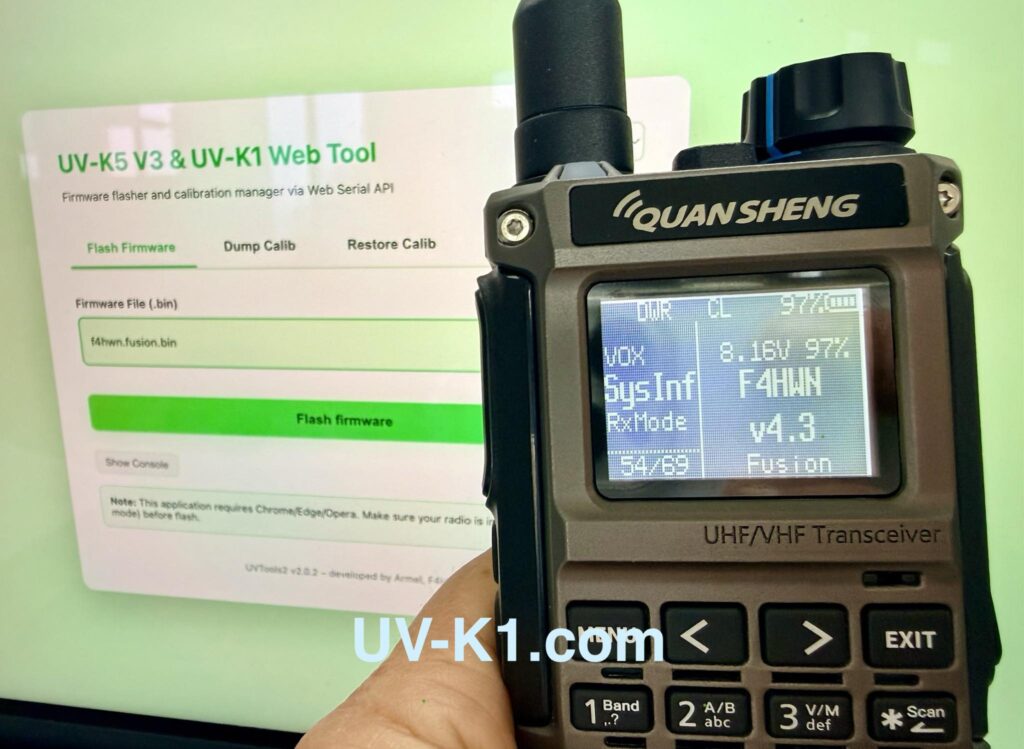 Quansheng UV-K1 avec le firmware F4HWN 4.3 Fusion et l'outil d'installation pour flasher Web Tool V2